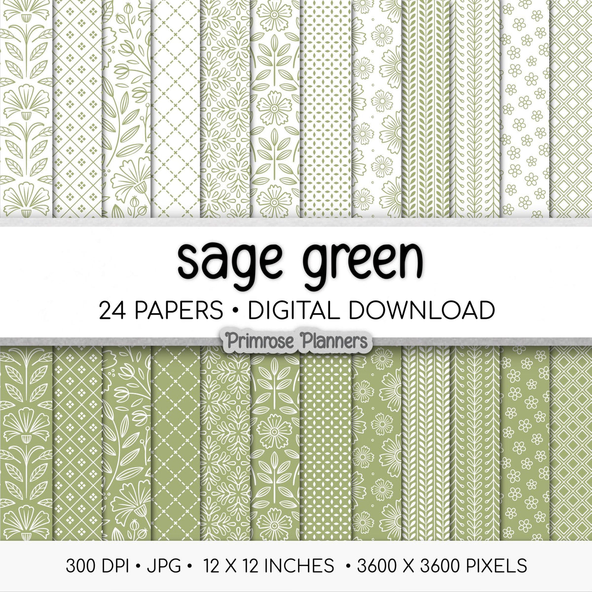 Sage Green Digital Paper Pack, Minimal Boho Floral Patterns, Earthy Green & White Scrapbook, Botanical Background