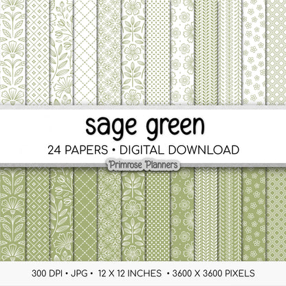 Sage Green Digital Paper Pack, Minimal Boho Floral Patterns, Earthy Green & White Scrapbook, Botanical Background