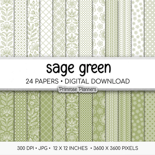 Sage Green Digital Paper Pack, Minimal Boho Floral Patterns, Earthy Green & White Scrapbook, Botanical Background