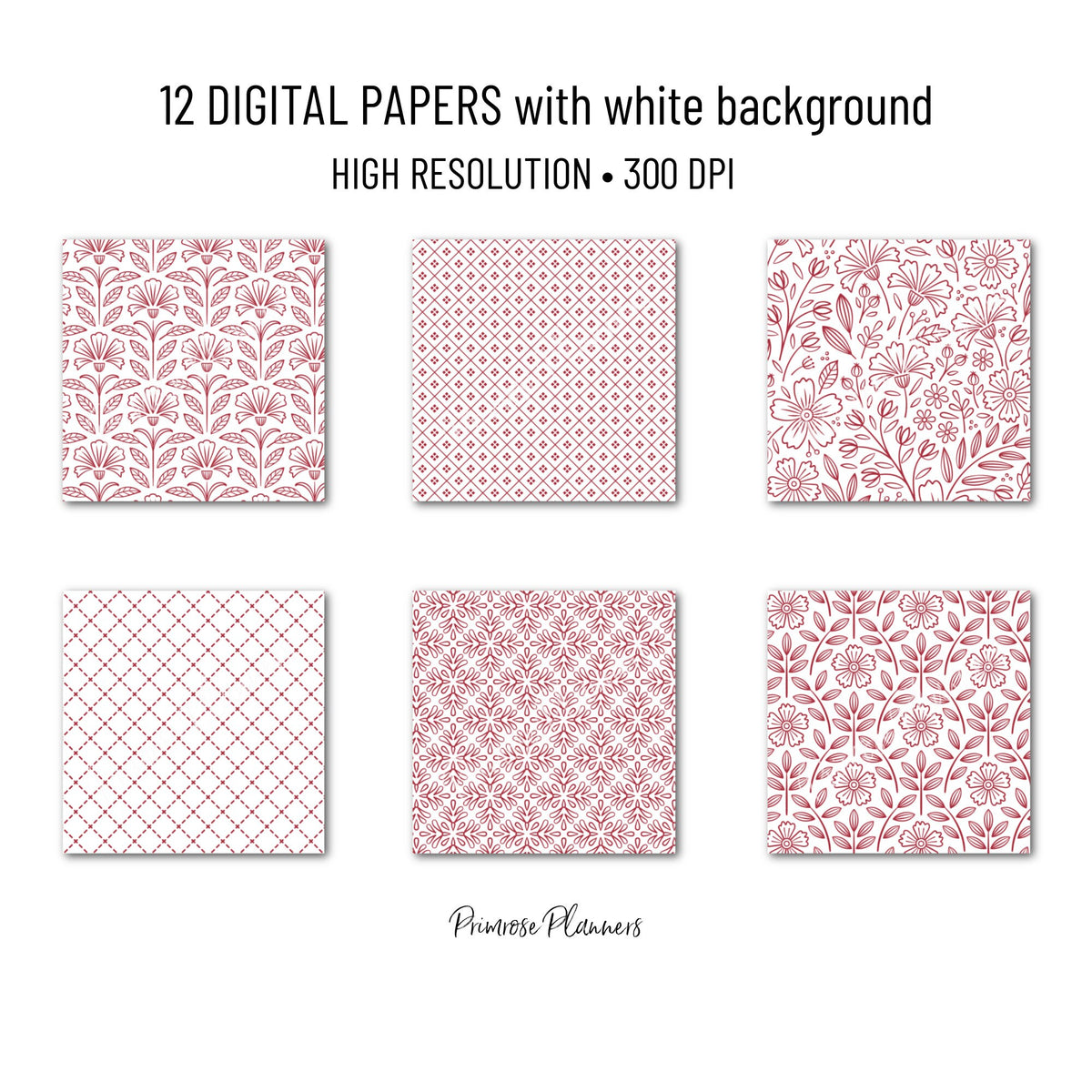 Ruby Red Digital Paper | Minimal Floral Patterns | Deep Crimson & White | Printable Christmas and Valentine Scrapbook Backgrounds