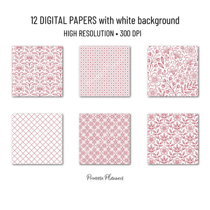 Ruby Red Digital Paper | Minimal Floral Patterns | Deep Crimson & White | Printable Christmas and Valentine Scrapbook Backgrounds