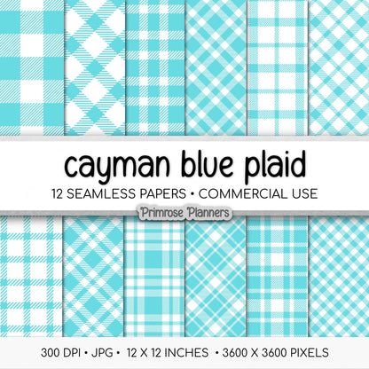 Seamless Bright Aqua Plaid Digital Paper, Buffalo Check, Turquoise Tartan Patterns, Summer Pool Party, Commercial Use, 300 DPI