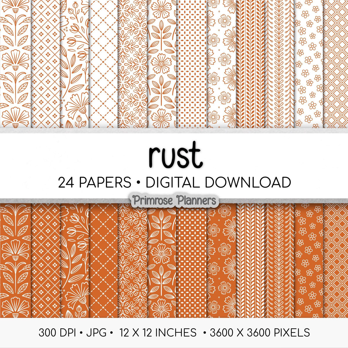 Rust Orange Digital Paper Pack, Minimal Boho Floral Patterns, Terracotta & White Scrapbook, Burnt Orange Background