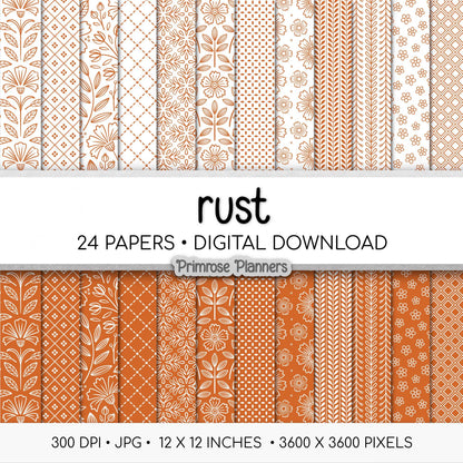 Rust Orange Digital Paper Pack, Minimal Boho Floral Patterns, Terracotta & White Scrapbook, Burnt Orange Background
