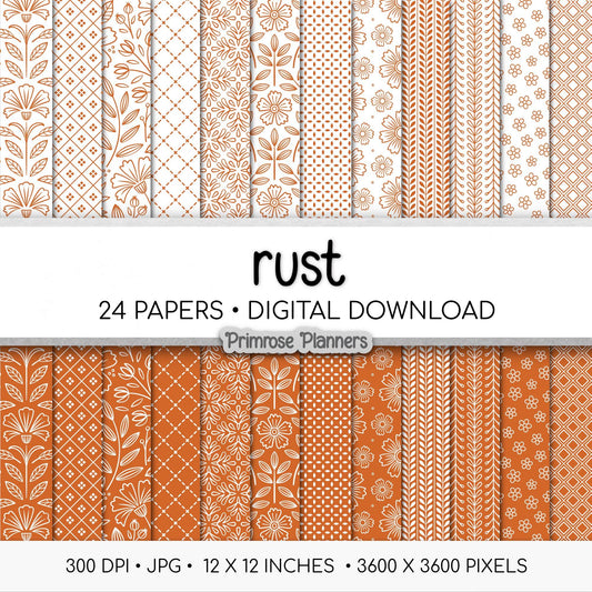 Rust Orange Digital Paper Pack, Minimal Boho Floral Patterns, Terracotta & White Scrapbook, Burnt Orange Background