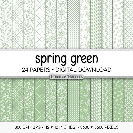 Sage Green Digital Paper | Minimal Floral & Geometric Patterns | Spring Green, White | Printable Cottagecore Scrapbook Backgrounds