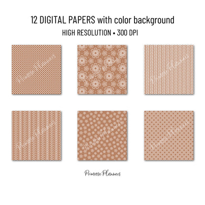Latte and White Digital Paper, Minimalist Boho Patterns, Creamy Tan Scrapbooking, Coffee Aesthetic Planner Print