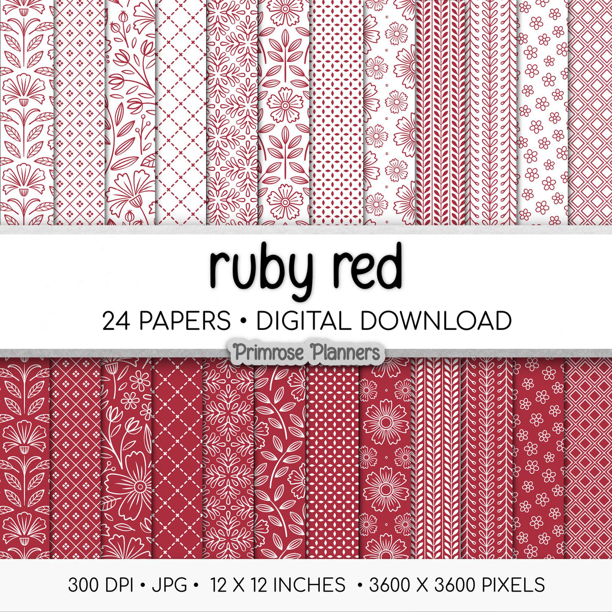 Ruby Red Digital Paper | Minimal Floral Patterns | Deep Crimson & White | Printable Christmas and Valentine Scrapbook Backgrounds