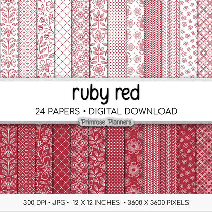 Ruby Red Digital Paper | Minimal Floral Patterns | Deep Crimson & White | Printable Christmas and Valentine Scrapbook Backgrounds