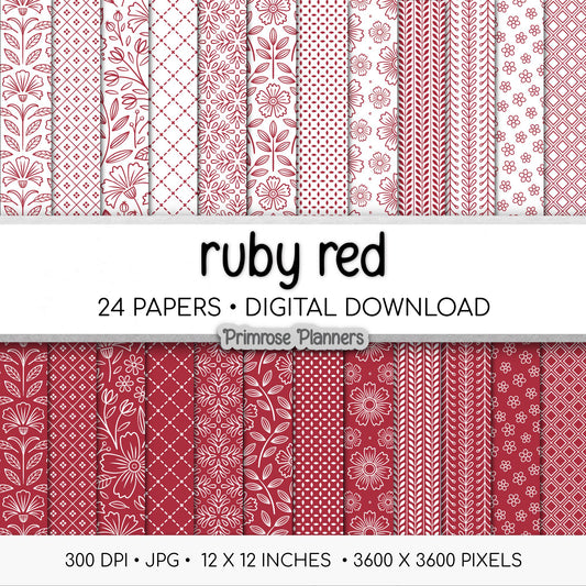 Ruby Red Digital Paper | Minimal Floral Patterns | Deep Crimson & White | Printable Christmas and Valentine Scrapbook Backgrounds