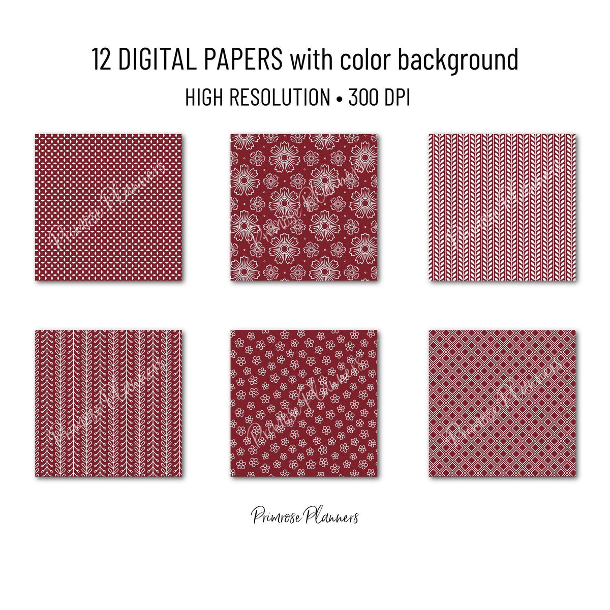Burgundy Digital Paper | Minimal Floral Patterns | Deep Wine, Maroon & White | Printable Wedding and Scrapbook Backgrounds