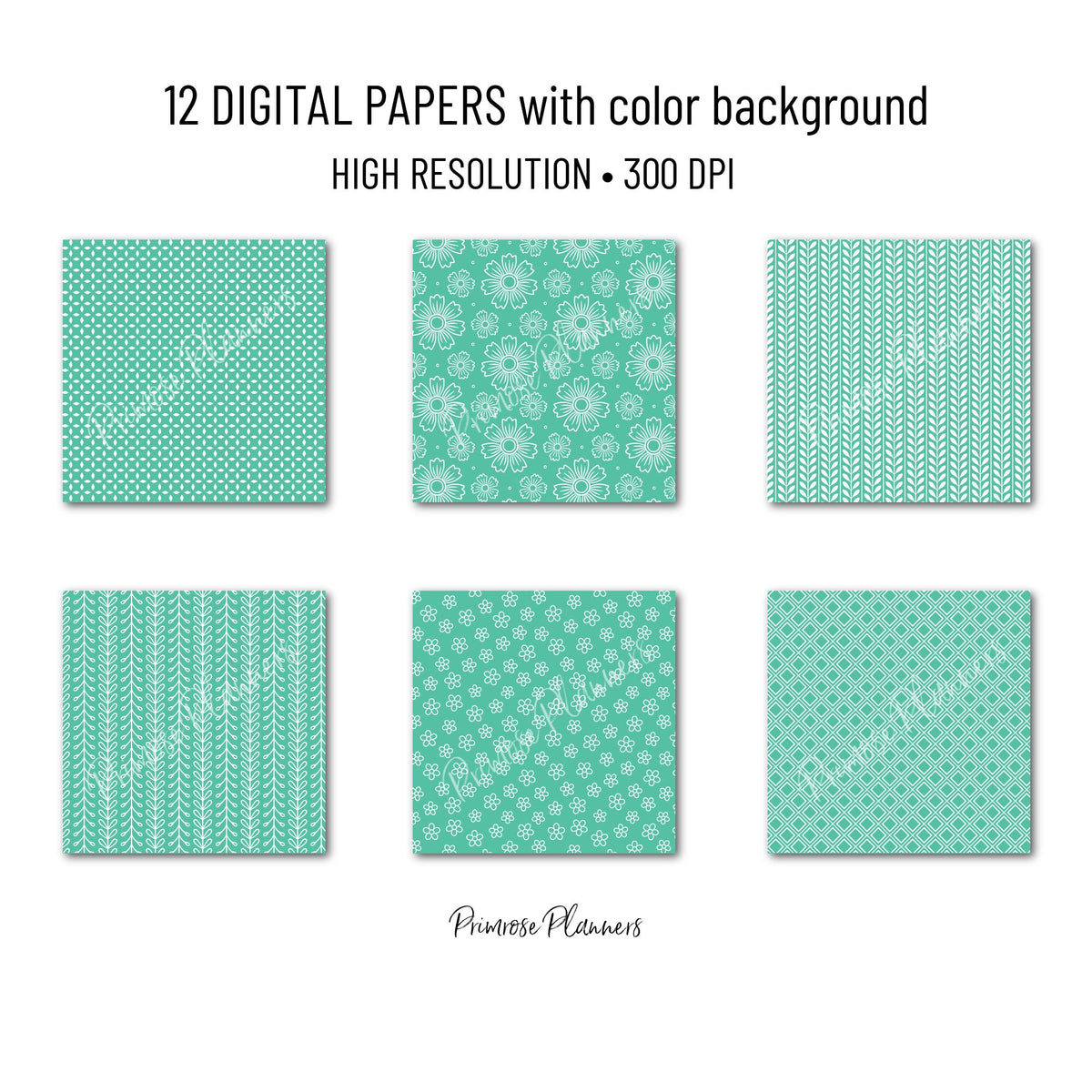 Bright Mint Green Digital Paper Minimal Boho | White Pastel Aqua Patterns | Dainty Floral Scrapbook Pack