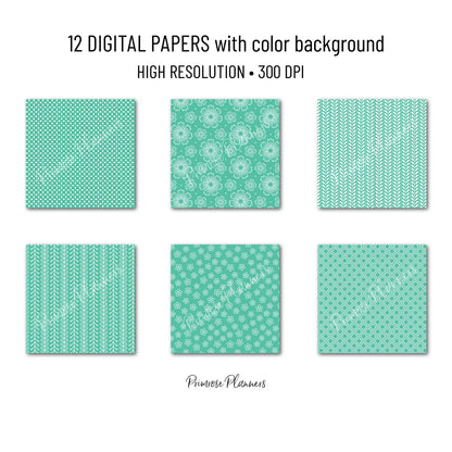Bright Mint Green Digital Paper Minimal Boho | White Pastel Aqua Patterns | Dainty Floral Scrapbook Pack
