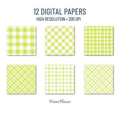 Seamless Fern Green Plaid Digital Paper, Buffalo Check, Nature Tartan Patterns, Spring Botanical Scrapbook, Commercial Use, 300 DPI