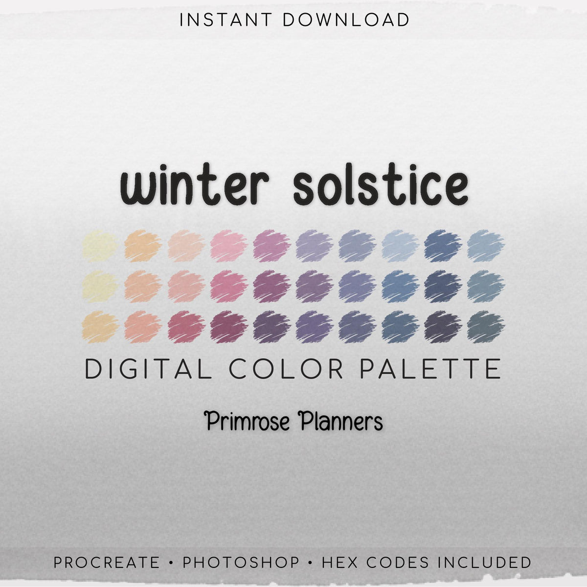Winter Solstice Procreate Palette & Photoshop Swatches, Hazy Pale Yellow Pink Purple Blue, Dreamy Sunset, Hex Codes