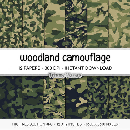 Woodland Camouflage Digital Paper, Army Green Hunting Scrapbook Backgrounds (Instant Download)