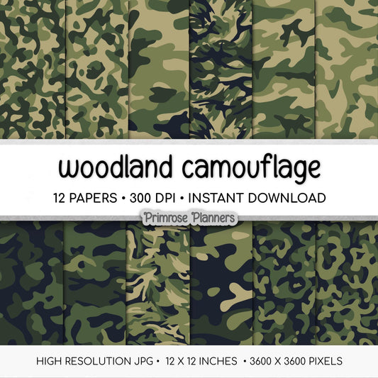 Woodland Camouflage Digital Paper, Army Green Hunting Scrapbook Backgrounds (Instant Download)