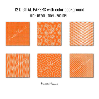 Orange Digital Paper Pack, Minimal Boho Floral Patterns, Bright Orange & White Scrapbook, Vibrant Citrus Background