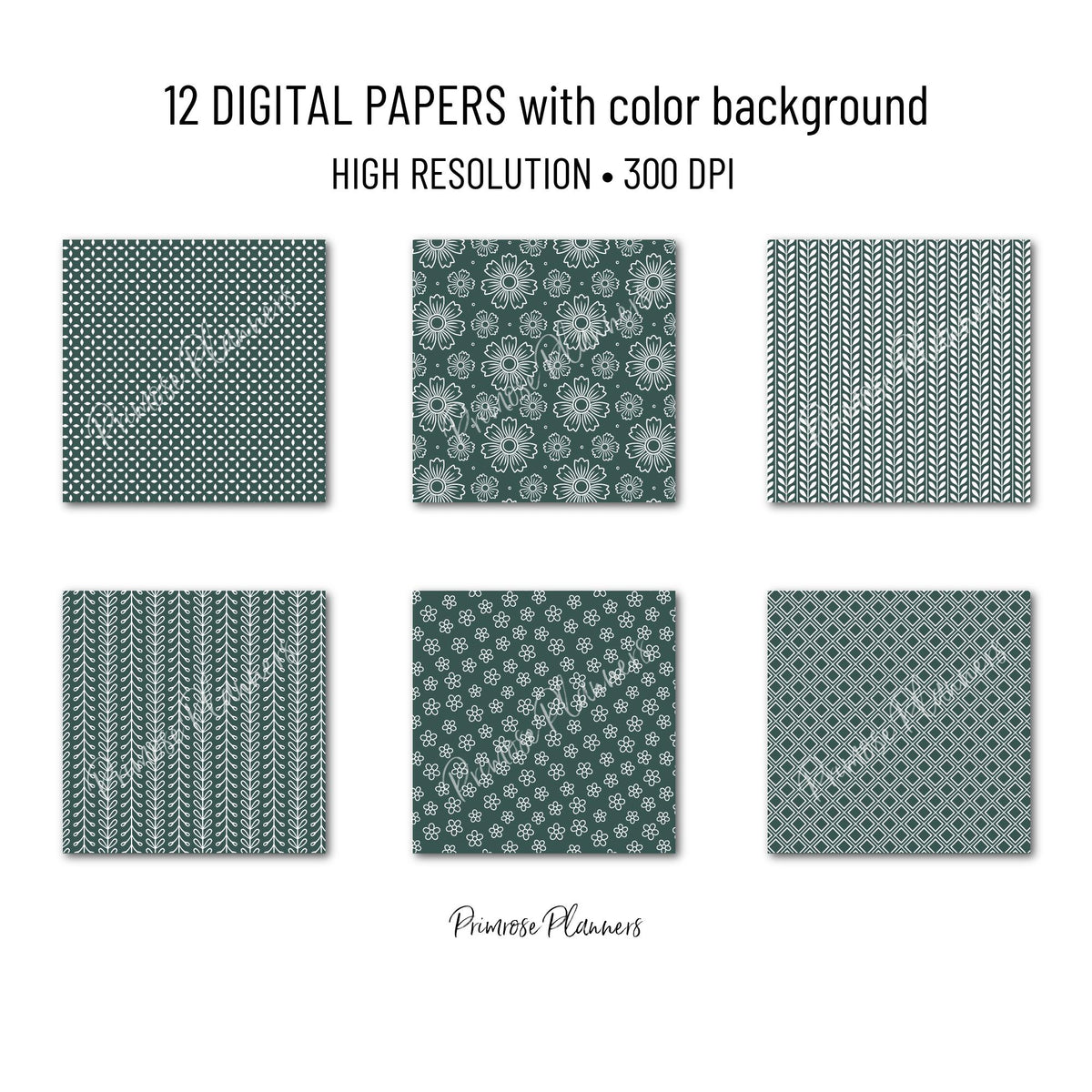 Forest Green and White Digital Paper, Minimalist Boho Patterns, Dark Pine Scrapbooking, Winter & Woodland Print