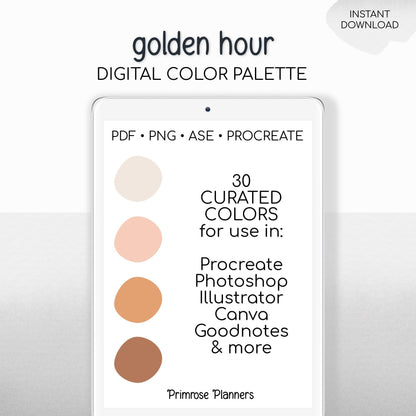 Golden Hour Procreate Palette & Photoshop Swatches, Warm Sunset Neutrals, Burnt Orange Copper Rust Beige, Hex Codes