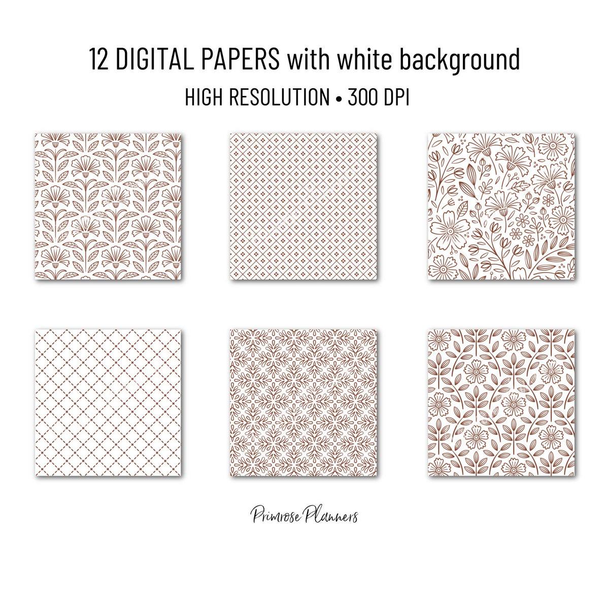 Chocolate and White Digital Paper, Minimalist Boho Patterns, Deep Brown Scrapbooking, Warm Neutral Planner Print