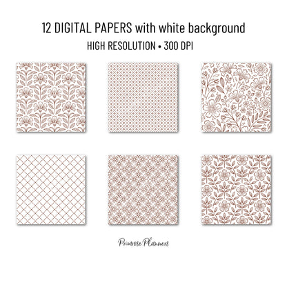 Chocolate and White Digital Paper, Minimalist Boho Patterns, Deep Brown Scrapbooking, Warm Neutral Planner Print