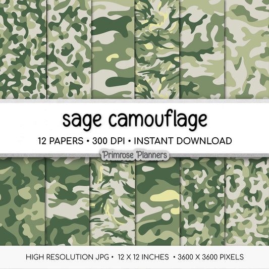 Sage Camouflage Digital Paper, Neutral Woodland Scrapbook Backgrounds (Instant Download)