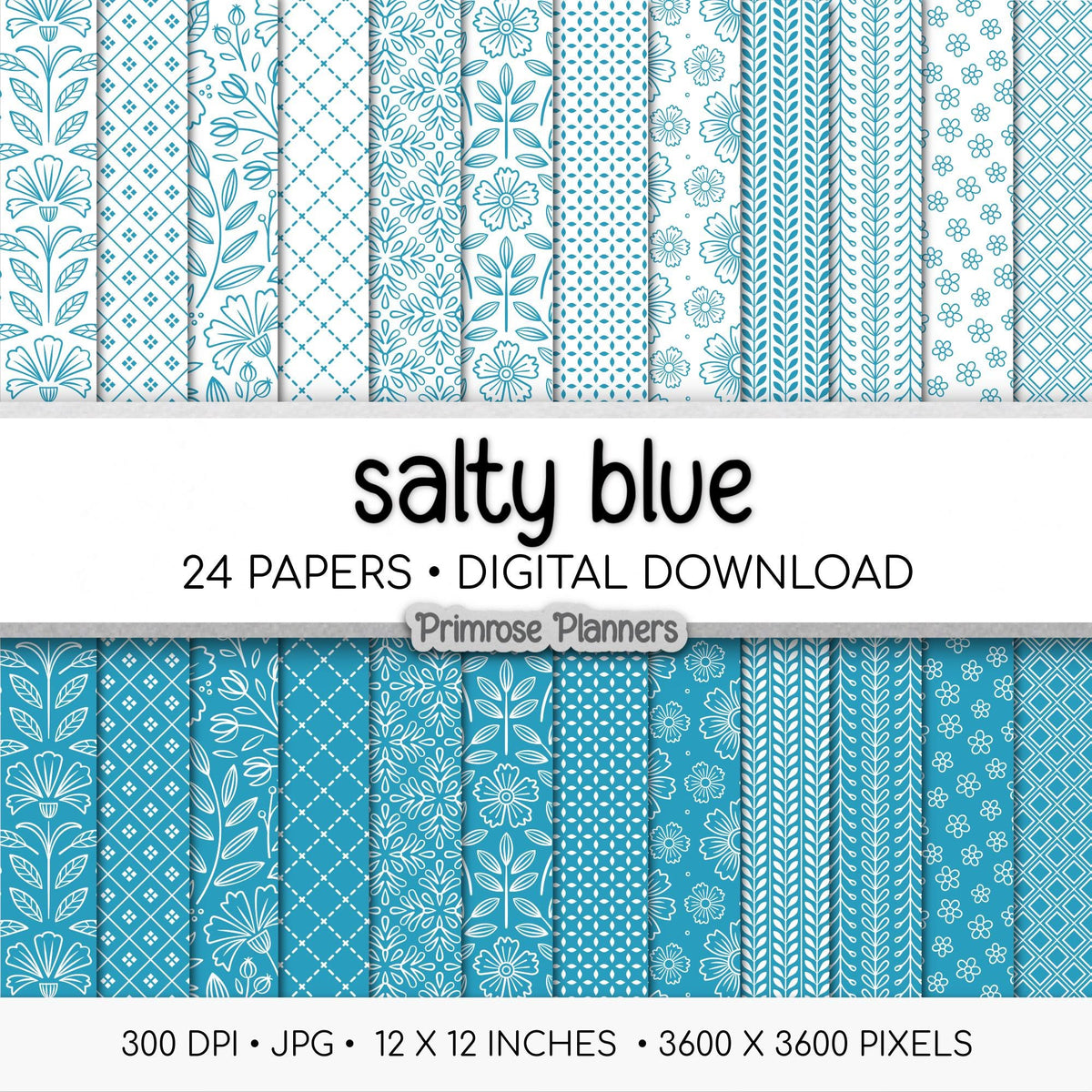 Teal White Digital Paper Dainty Floral | Minimal Blue Green Aqua Patterns | Neutral Scrapbook Backgrounds | Instant Download