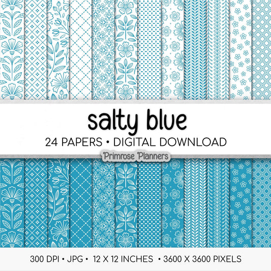 Teal White Digital Paper Dainty Floral | Minimal Blue Green Aqua Patterns | Neutral Scrapbook Backgrounds | Instant Download