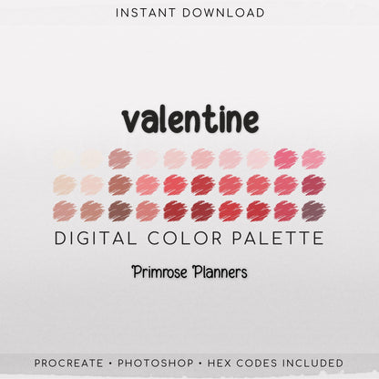 Valentine Digital Color Palette - Color Chart | Goodnotes Tool | iPad Procreate | Digital Download | Pink and Red Color Palette | HEX Codes