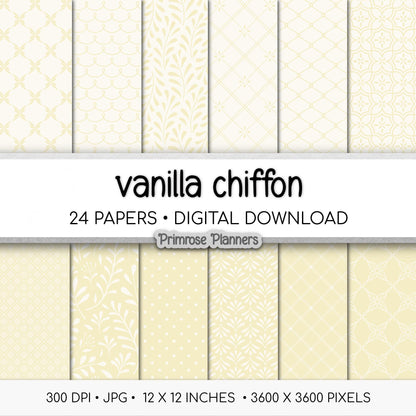 Vanilla Yellow Digital Paper Pack, Cream and Ivory Patterns, Botanical and Geometric Designs for Planners, Cards, Invites