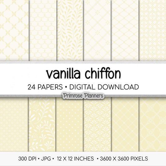 Vanilla Yellow Digital Paper Pack, Cream and Ivory Patterns, Botanical and Geometric Designs for Planners, Cards, Invites