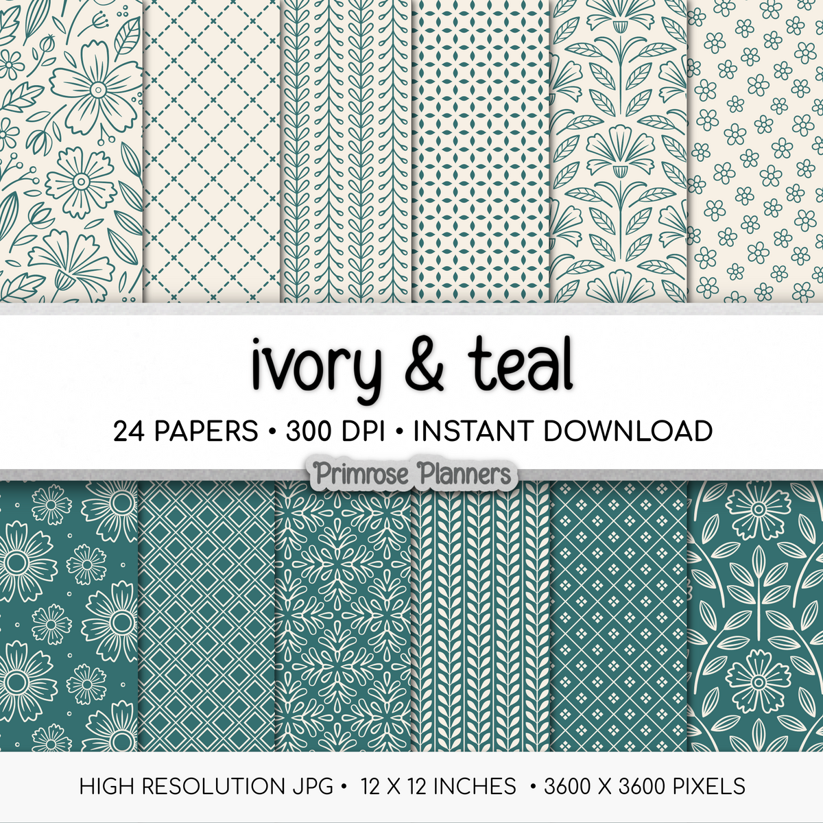 Dark Teal Digital Paper | Scandi Botanical & Folk Art Florals | Patina Green Printables | Junk Journal Pages
