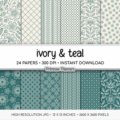 Dark Teal Digital Paper | Scandi Botanical & Folk Art Florals | Patina Green Printables | Junk Journal Pages