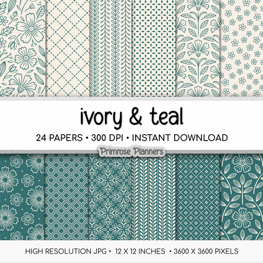 Dark Teal Digital Paper | Scandi Botanical & Folk Art Florals | Patina Green Printables | Junk Journal Pages