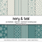 Dark Teal Digital Paper | Scandi Botanical & Folk Art Florals | Patina Green Printables | Junk Journal Pages