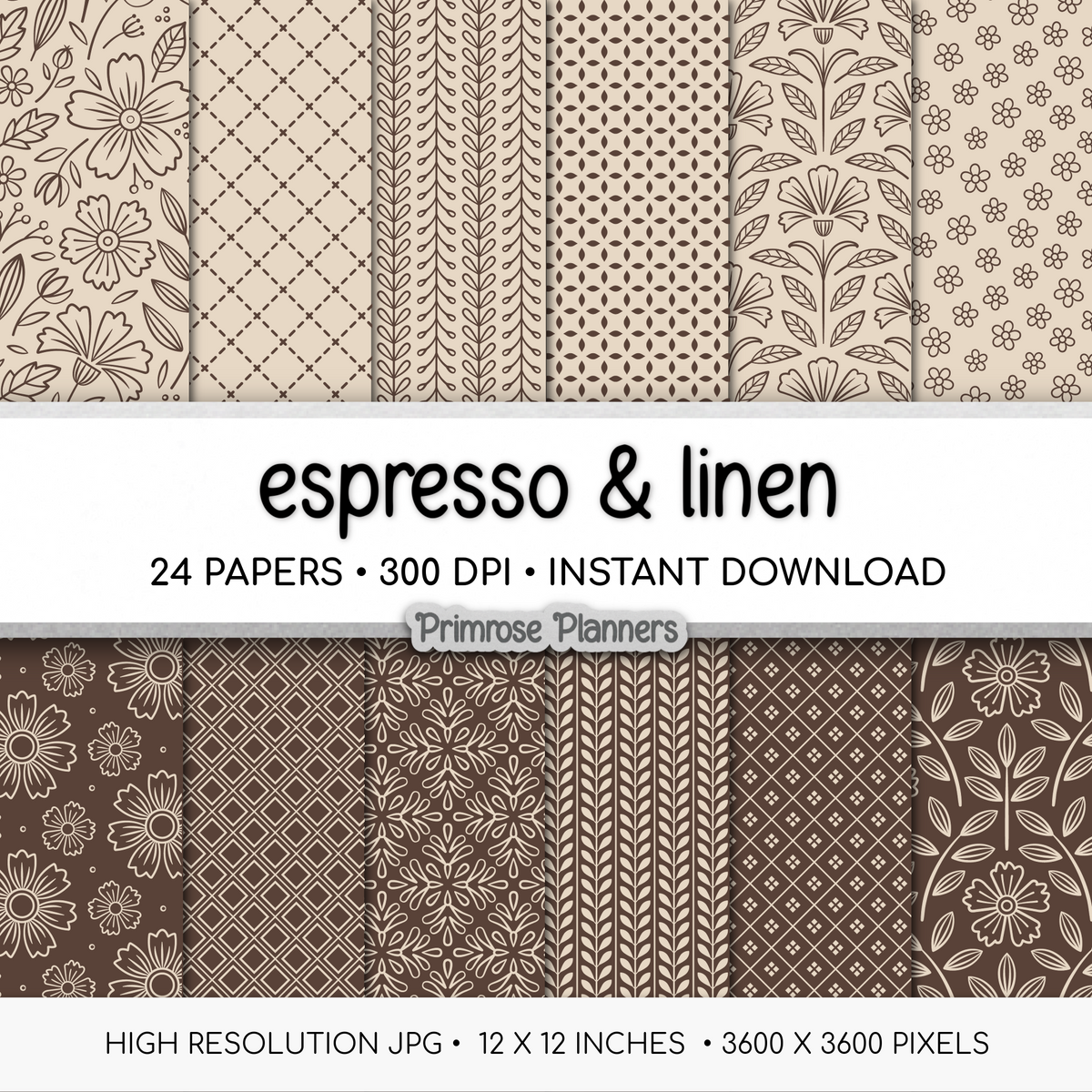 Espresso Brown Digital Paper | Scandi Botanical & Bold Geometric | Linen Beige Folk Art Printables | Junk Journal Pages