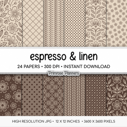Espresso Brown Digital Paper | Scandi Botanical & Bold Geometric | Linen Beige Folk Art Printables | Junk Journal Pages