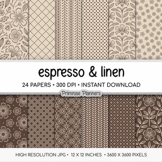 Espresso Brown Digital Paper | Scandi Botanical & Bold Geometric | Linen Beige Folk Art Printables | Junk Journal Pages