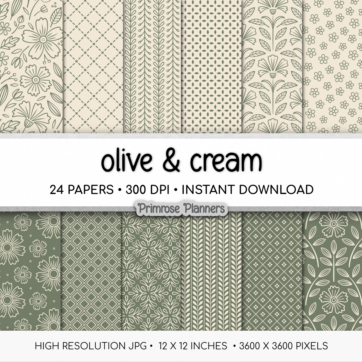 Dusty Olive Digital Paper | Scandi Botanical & Bold Geometric | Folk Art Floral Printables | Junk Journal Pages