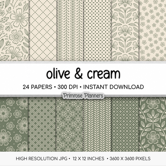 Dusty Olive Digital Paper | Scandi Botanical & Bold Geometric | Folk Art Floral Printables | Junk Journal Pages