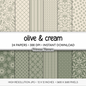 Dusty Olive Digital Paper | Scandi Botanical & Bold Geometric | Folk Art Floral Printables | Junk Journal Pages