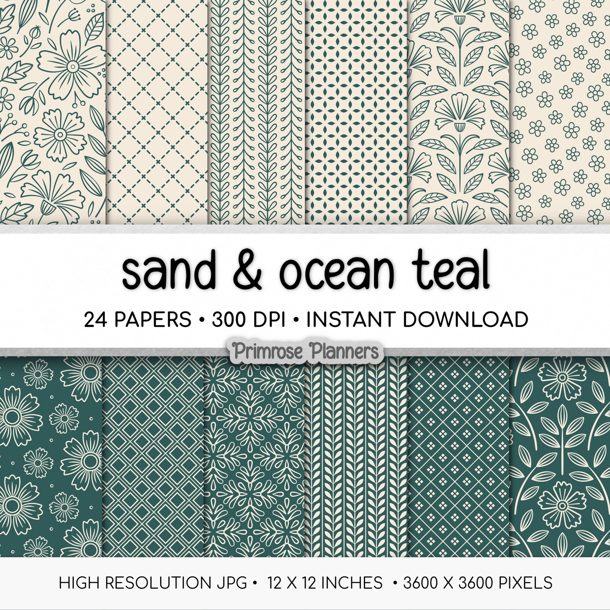 Deep Teal Digital Paper | Scandi Botanical & Bold Geometric | Moody Folk Art Printables | Junk Journal Pages