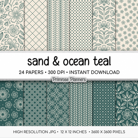 Deep Teal Digital Paper | Scandi Botanical & Bold Geometric | Moody Folk Art Printables | Junk Journal Pages