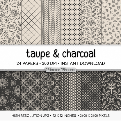 Moody Neutral Paper Pack | Scandinavian Minimalist Background | Retro Boho Line Art | Earthy Scrapbook Pages