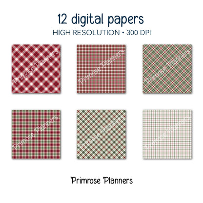 Christmas Digital Paper, Red and Green Plaid, Buffalo Check Texture, Holiday Tartan Printable, Commercial Use Backgrounds for Card Making