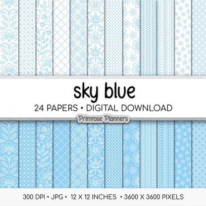 Sky Blue and White Digital Paper, Minimalist Boho Patterns, Cloud Blue Scrapbooking, Baby Boy & Nursery Print