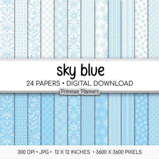 Sky Blue and White Digital Paper, Minimalist Boho Patterns, Cloud Blue Scrapbooking, Baby Boy & Nursery Print