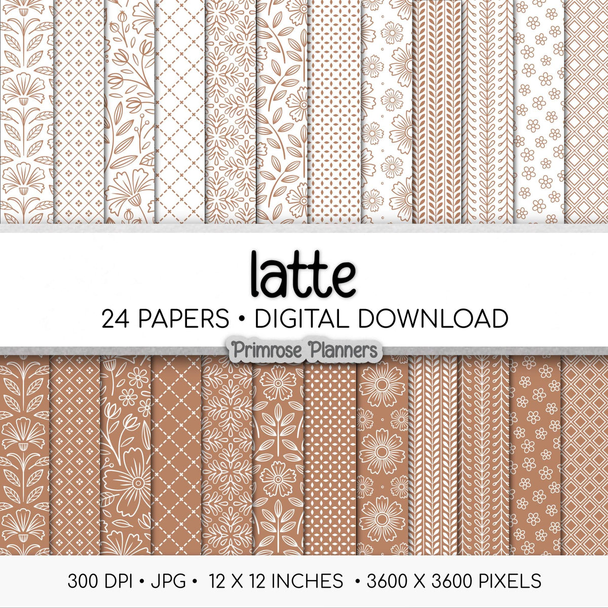 Latte and White Digital Paper, Minimalist Boho Patterns, Creamy Tan Scrapbooking, Coffee Aesthetic Planner Print