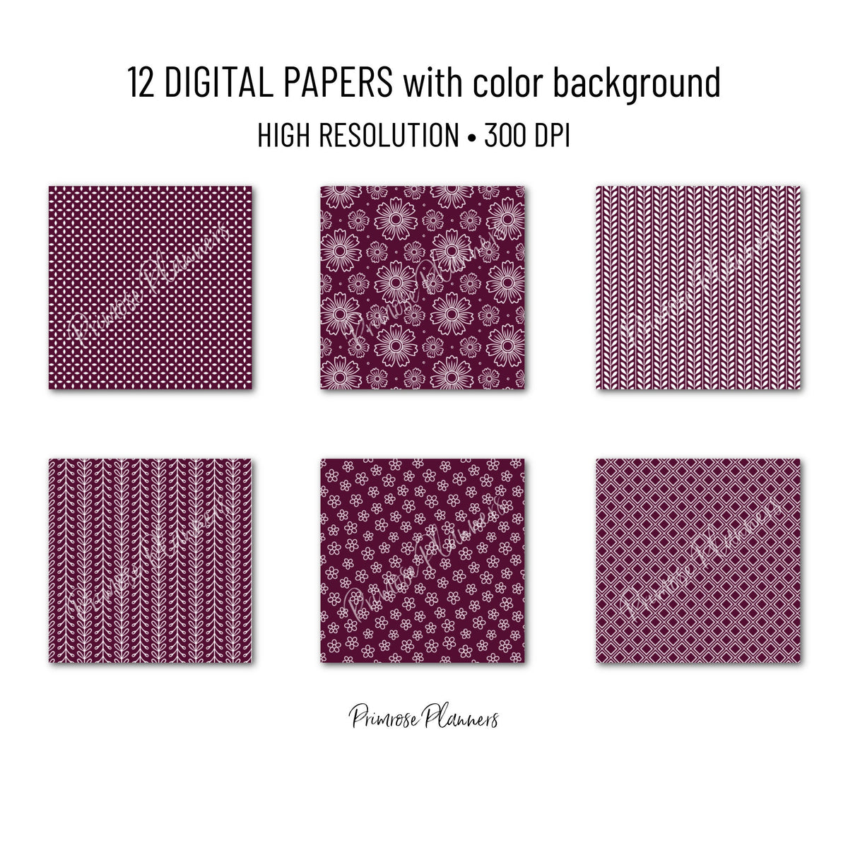 Mulberry and White Digital Paper, Minimalist Boho Patterns, Deep Burgundy Scrapbooking, Marsala Wedding & Planner Print